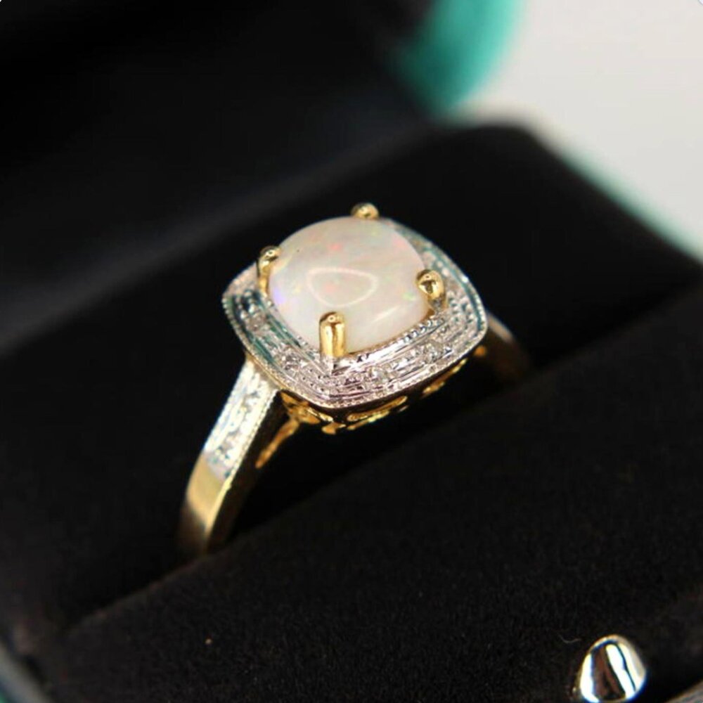 14kt Two Tone Yellow White Gold Diamond Cushion Cut Cabochon Opal Halo Ring